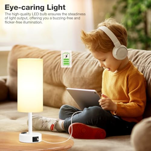 Fenmzee White Bedside Lamp for Bedroom, Dimmable Touch, USB A+C, AC Outlet - Image 4