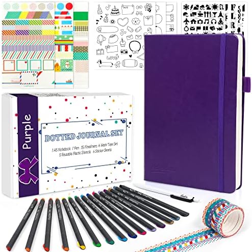 feela Dotted Journal Kit, Dot Grid Journal Hardcover Planner Notebook Set For Beginners Women Girls Note Taking with Journaling Supplies Stencils Stickers Pens Accessories, A5, 224 Pages, Purple by feela