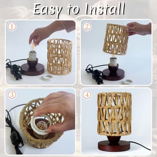 Rattan Small Bedside Table Lamp for Bedroom,Handmade Boho Desk Lamp for Small Spaces,Vintage Wicker Wooden Nightstand Farmhouse Bamboo Woven End Table Lamps for Living Room Kids Room,Bulb Included - Image 6