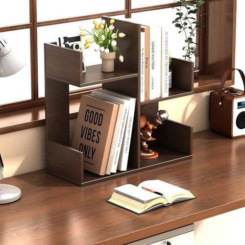 Modern 2-Tier Desk Bookshelf, Short Book Organizer, Display Shelf & Desktop Storage Rack, Space-Saving Desk Bookshelf for Books, Decor & Small Items, Brown - Image 7
