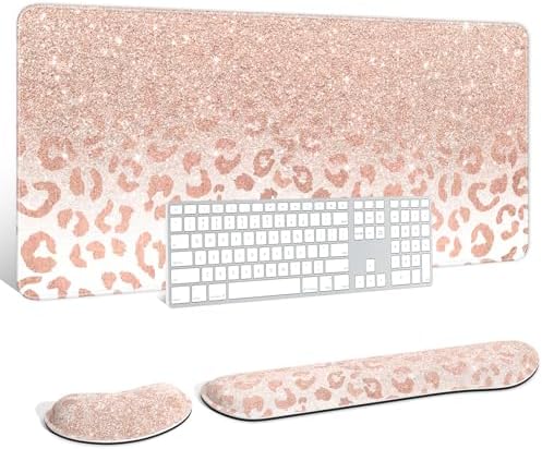 Auhoahsil Large Mouse Pad with Wrist Rests for Keyboard & Mouse, Thick Soft Ergonomic Memory Foam Wrist Supports, Big & Long Desk Mat 35.5 x 15.7 in, for Office Gaming Computer, Pink Gold Leopard by Auhoahsil