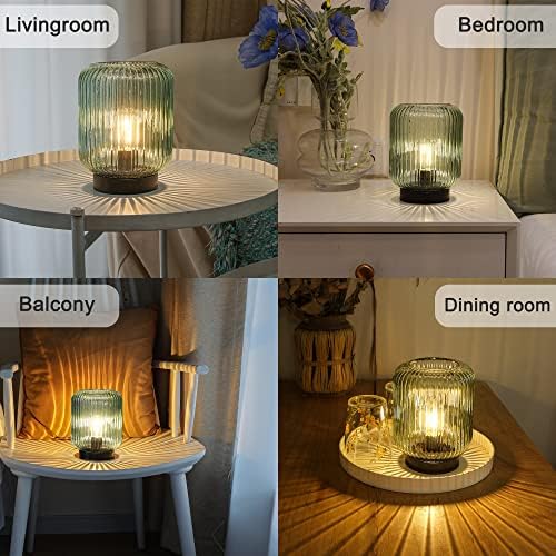 LUSHARBOR Battery Operated Lamp, Cordless Table Lamps for Home Decor, Battery Powered Nightlight with LED Bulb, Decorative Glass Beside Lamp for Bedroom Living Room-Green - Image 2