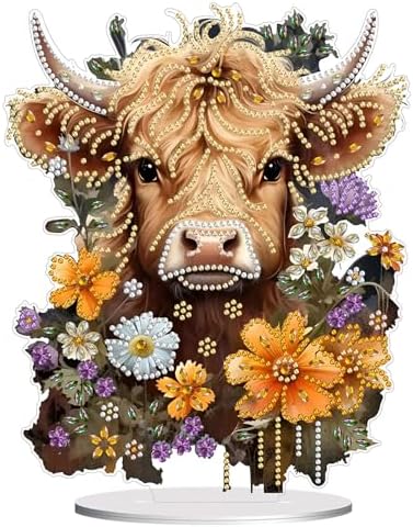 Diamond Painting Kits for Adults Beginners, 5D Full Drill Highland Cattle Crystal Art Desktop Ornament, DIY Single Sided Home Office Desk Decor, Creative Craft Gift Set with Tools by OFRKE