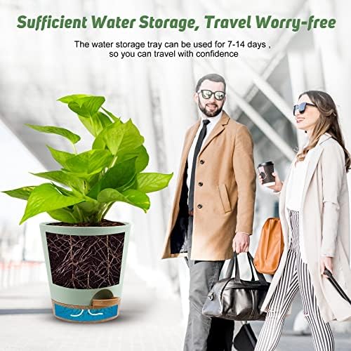 YNNICO Indoor Self Watering Planters with Drainage Holes and Saucers, 8, 7, 6.5, 6, 5.5, 5 Inches, Green, 6 Pots. - Image 6