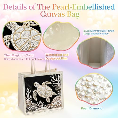 Xylzzuit DIY Pearl Painting Canvas Tote Bag Kit 11.42IN Diamond Art Handbag for Women Shopping Grocery Bag Dots Beads Art Craft Gift (Turtle) - Image 6