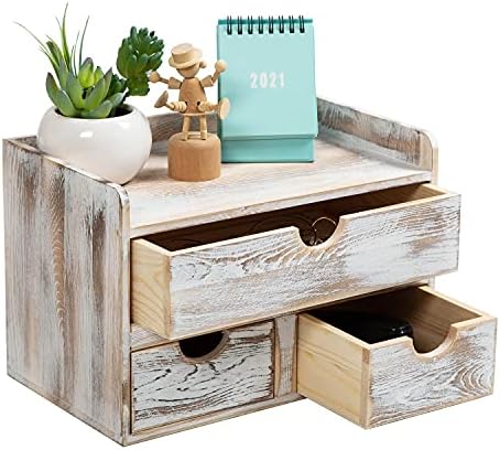 Rustic Distressed white 3-Tier Wood Desk Organizer with 3 Drawers Mini Storage Shelf For Desk, Toiletries Vanity Office Supplies (Vintage white) by VERGOODR
