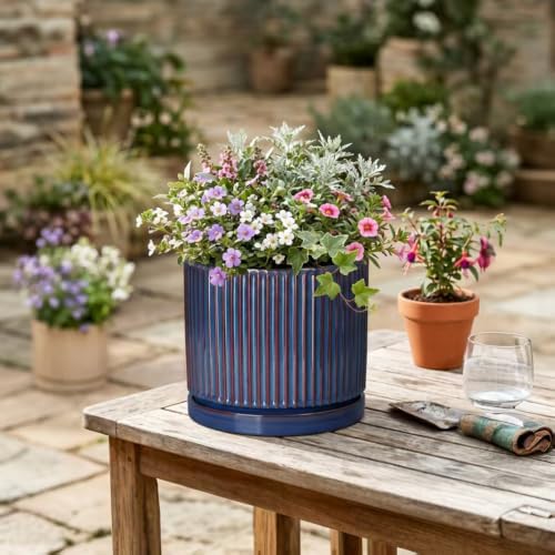 8 Inch Plant Pot, Ceramic Planters with Saucer, Retro Blue - Image 4