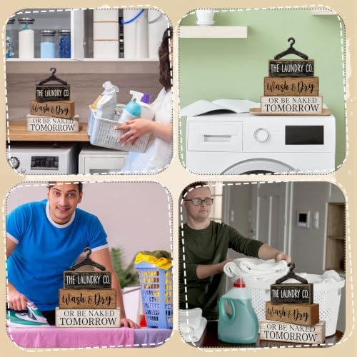Moucuny 4 Pcs Farmhouse Laundry Room Decor Stacked Blocks Rustic Home Decor - Image 5