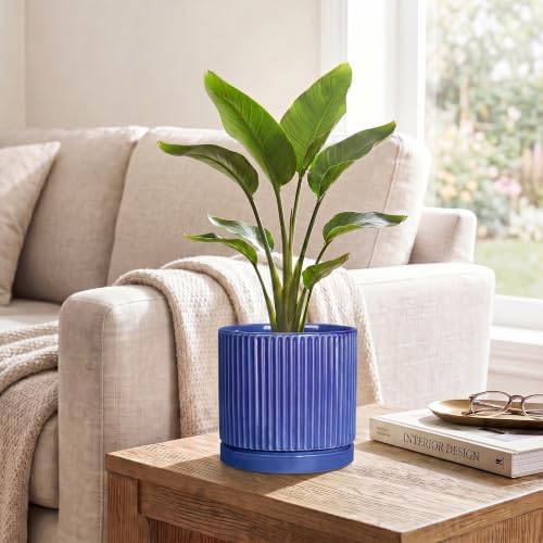 6 Inch Ceramic Pots for Plants, Round Plant Pot with Tray, Blue - Image 5