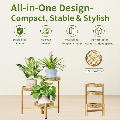 Metal Plant Stand Indoor Outdoor, 3 Tier Corner Plant Shelf for Multiple Plants, Gold Tiered Plant Stand, Heavy Duty Flower Holder, Folding Tall Rack for Garden Patio Balcony - GoldWave - Image 5