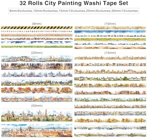 32 Rolls Vintage Washi Tape Set, European Cityscapes with Architectures & Scenery, Writable Decorative Tapes for Scrapbooking, Junk Journal Bullet Journal Supplies 8-50mm Wide, Artistic Adhesive Tape - Image 3