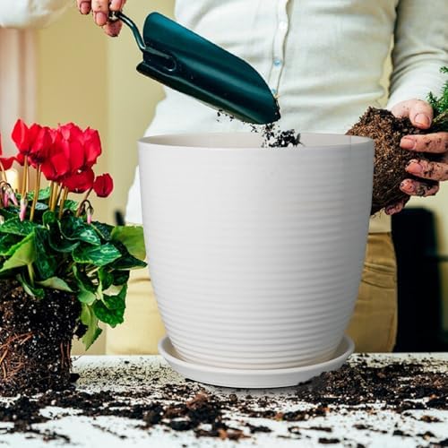 12 Inch Ceramic Planter Pot, Large Planter with Drainage Hole and Saucer Round Flower Pot for Indoor Outdoor Plants, White - Image 4