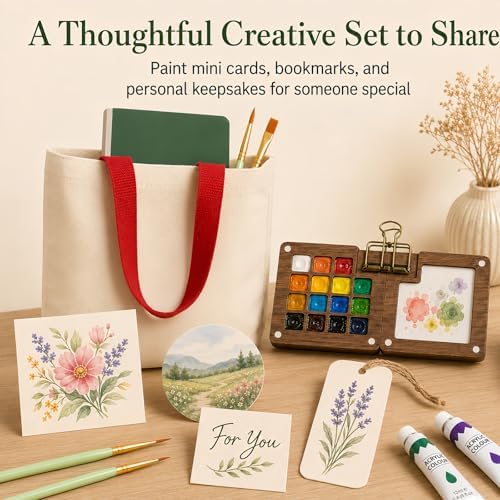 fsdyknej Portable Painting Kit for Adults, Travel Art Set with Mini Wooden Palette, Canvas Tote Bag, Brushes, Blank Cards and Bookmarks for DIY Creative Projects - Image 5