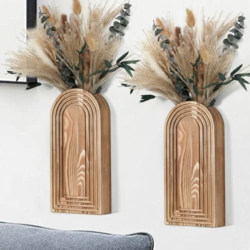 Set of 2 Wooden Wall Vases with Dried Pampas Grass & Eucalyptus, Boho Farmhouse Decor for Living Room, Entryway, Bathroom, Rustic Home Art(Brown) by Zipper