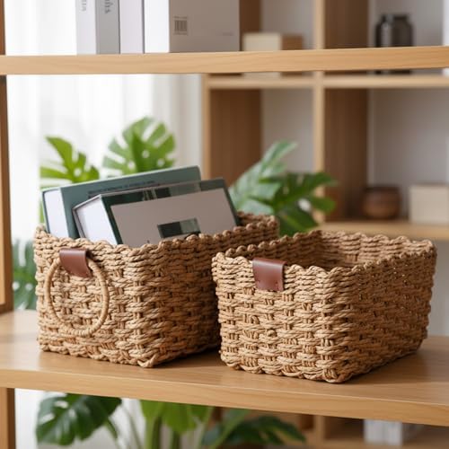 Small Wicker Basket Set of 3, Handwoven Paper Rope Storage Baskets with Leather Handles, Decorative Organizing Bins for Home, Desk, Bathroom & Gifts (Beige) - Image 6