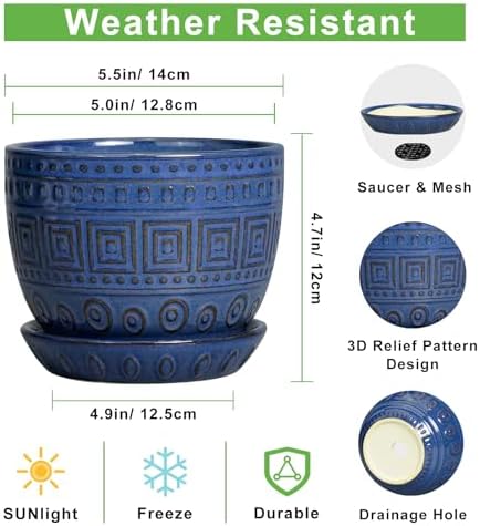 G EPGardening Plant Pots Indoor 5 Inch - Ceramic Pot for Plants with Drainage Hole and Saucer Round Planter Outdoor Modern Flower Pot Home Office Decor Blue - Image 3