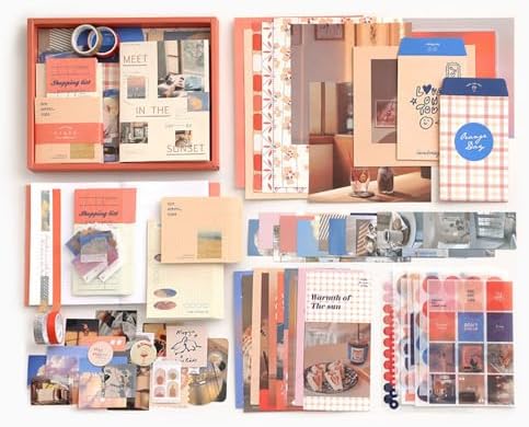 Vintage Scrapbooking Supplies Kit, 155pcs Bullet Junk Journal Kit with Journaling Supplies Aesthetic Scrapbook Paper A6 Grid Notebook, Scrapbook Kit, Craft DIY Gift for Adults, Sunset Theme, Orange by Alunsito