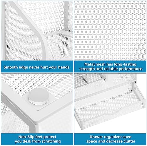 Marbrasse Mesh Pen Holder for Desk, Multi-Functional Pencil Organizer with Drawer, Desk Organizers and Accessories for Office Art Supplies (White) - Image 6