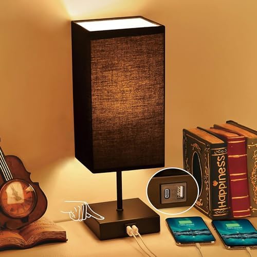 Bedside Table Lamp for Bedroom with 2 USB Ports, 14-Inch, Black by Sailstar