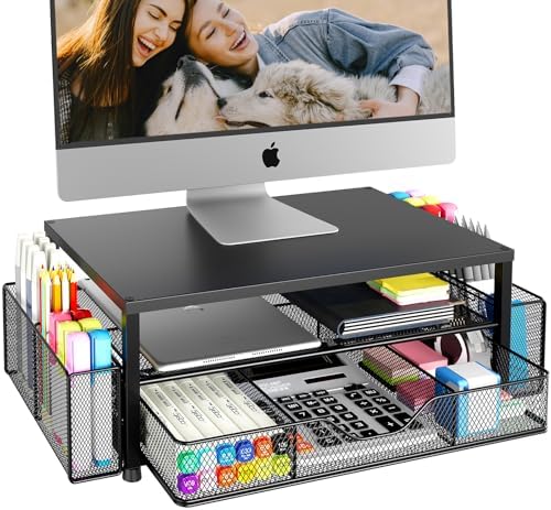OPNICE Desk Organizer and Accessories, 2-Tier Computer Monitor Stand Riser with Drawer and 2 Pen Holders, Laptop Stand, Office Desk Accessories for Office Supplies, Black by OPNICE