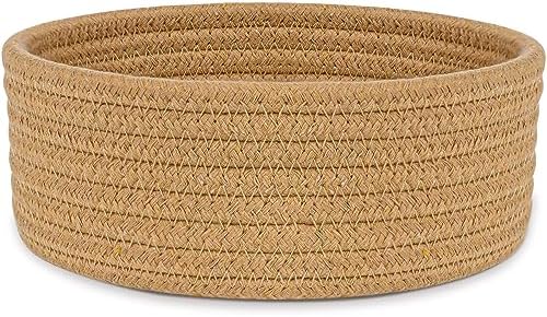 ABenkle Small Woven Basket, Empty Tiny Shallow Storage Basket, Mini Cotton Rope Baskets, Round Decorative Hamper, Basket Storage Bins for Toys, Spa, Socks, Nursery, Living Room- Brown by ABenkle