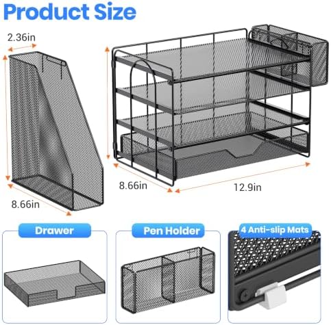 OPNICE Desk Organizers and Accessories, 4-Tier Desktop File Organizer with Drawer and Pen Holders, Office Desk Accessories Workspace Organizers for Office Supplies (Soft Black) - Image 2