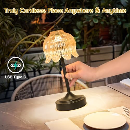 Cordless Table Lamp, Rechargeable Amber Glass Lotus Flower Lamp - Image 2