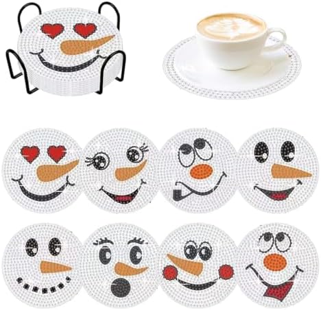 8 Pcs Christmas Snowman Face Diamond Coasters Kits Christmas Snowman Face DIY Coasters with Holder Holiday Xmas Holiday Diamond Coasters for Beginner Adult Winter by Demonwer