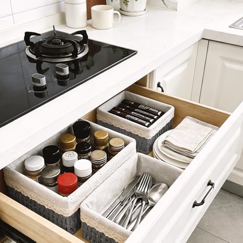 Large Wicker Storage Basket with Liner, Hand-Woven Paper Rope Rattan Organizer Bin for Pantry, Countertop, Bathroom, Bedroom, Shelves (Grey, L) - Image 4