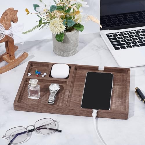 Wood Valet Tray for Men Women, Walnut Nightstand Organizer with Charging Station, Desk Drawer Organizer Tray Office Supplies, Desk Trays for Phone Watch Wallet Key Jewelry Catchall Trays - Image 4