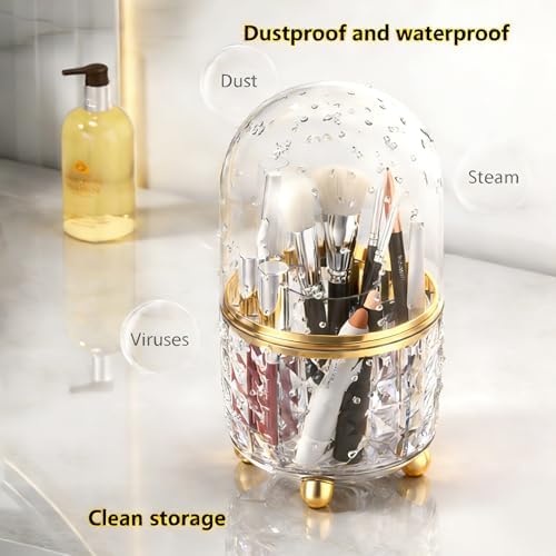GOTOBA 360° Rotating Pencil Holder for Desk, Makeup Brush Holder with 6 Slots, Desk Organizer for Writing Utensil, Office and School Supplies (Clear with cover) - Image 2