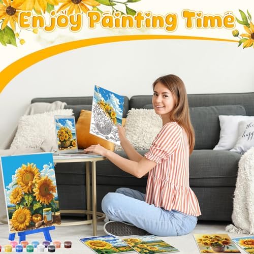 Blosssound 10 Set Pre Printed Canvas Pre Drawn Canvas Painting with Easel Kits 5" x 7" Outline Painting Panels for Beginners, DIY Craft Project, Home Decors(Sunflower) - Image 5
