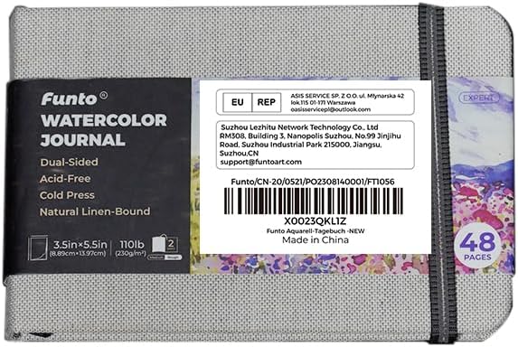 Funto Watercolor Journal, 3.5x5.5, 48 Pages, Cold-Pressed, Inner Pocket, 110lb/230gsm, Art Supplies for Watercolor Techniques and Mixed Media