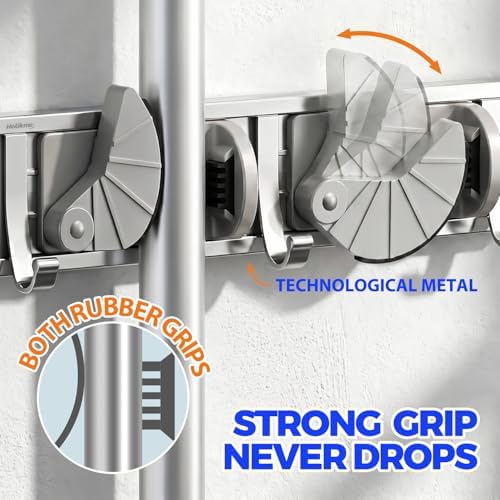 Holikme Mop Broom Holder Wall Mount Metal Pantry Organization and Storage Garden Kitchen Tool Organizer Wall Hanger for Home Goods (4 Positions with 4 Hooks, Silver) - Image 3