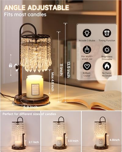 Candle Warmer Lamp with Timer Dimmer and 3 Bulbs, Candle Lamp Warmer with Marble Base for Adjustable Height, Crystal Candle Lamp for Jar Candles, House Warming Gifts Home Room Decor, Black - Image 2