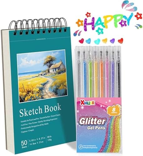 Xmusk 8 Colors Glitter Gel Pens Set with A5 Sketchbook (50 Sheets 120gsm) by Xmusk