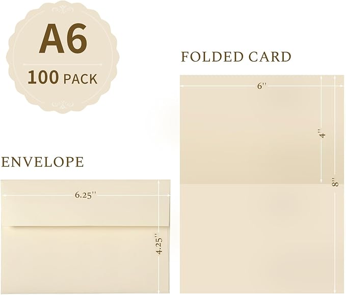 Folded Cream Blank Cards and Envelopes 4x6, 100 Pack Goefun Ivory Card Stock 4 x 6 and A6 Envelopes Self Seal for Invitations, Wedding, DIY Greeting Cardstock, Birthday, Baby Shower & All Occasion