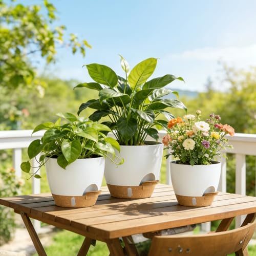 Plant Pots, 4 Pack 12/10/9/8 Inch Self Watering Pots with Drainage Holes, Water Level Indicator Deep Reservoir, Large Planters for Indoor Outdoor Plants - White Brown - Image 6