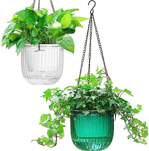 Melphoe 2 Pack Self Watering Hanging Planters Indoor Flower Pots, 6.5 Inch Outdoor Hanging Plant Pot Basket, Plant Hanger with 3Hooks Drainage Holes for Garden Home by Melphoe