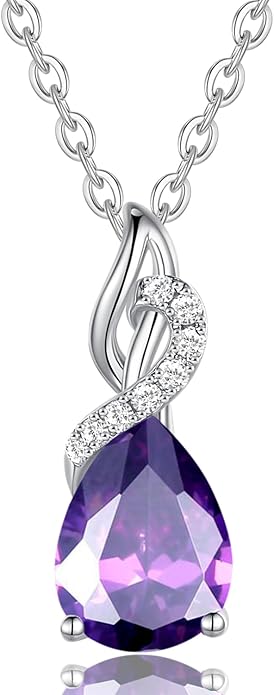 FANCIME 14K Solid White Gold Teardrop Pendant with Diamond Birthstone Necklace