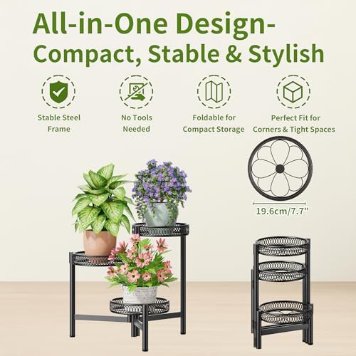 3 Tier Metal Plant Stand Indoor Outdoor, Corner Tall Plant Shelf for Multiple Plants, Foldable Heavy Duty Plant Holder, Decoration Flower Pot Stand for Patio Living Room Balcony Garden - BlackFlower - Image 5