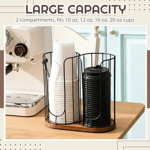 Geelin 18oz Adjustable Coffee Cup Dispenser with Wooden Base, Cup and Lid Holder, Cups Holder Organizer for Coffee Pod Straw and Lid Storage(2-Compartment Single,Color 1) - Image 3