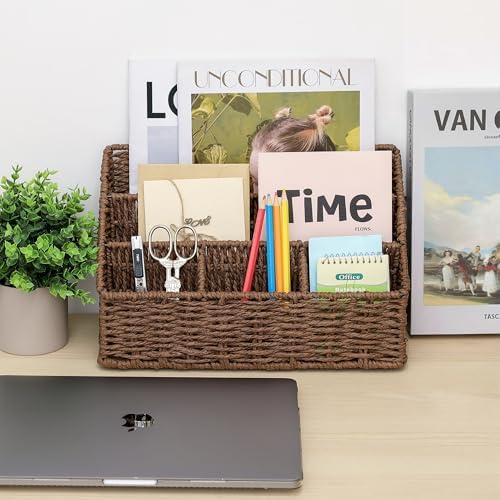 DINGTAI Rattan Desk Organizer, Tabletop Mail Holder, 5 Slot Mail Organizer Countertop Basket, Rattan Office Supplies, Boho Office Desk Accessories, Wicker Desk Organizer, Magazine Holder（Brown） - Image 6