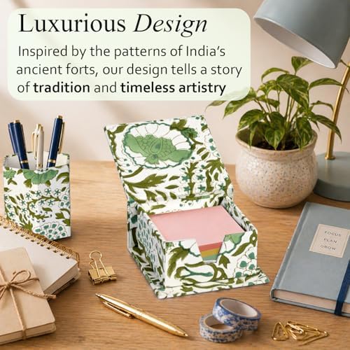 CPC Agate Green Block Print Cotton Desk Organizer Sticky Note Holder - Image 5