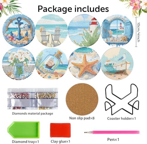 8 Pcs Beach Diamond Art Coasters Kits, Diamond Painting Coasters Kits ﻿ ﻿ - Image 4