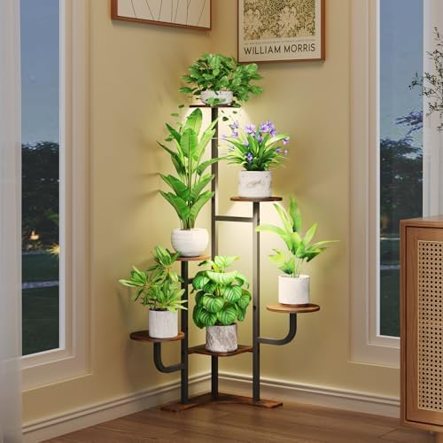 Homsorout Corner Plant Stand with Grow Light - 6 Tier Plant Stand Indoor Round Metal Plant Shelf with Adjustable Light, Plant Organizer for Living Room, Garden, Home Decor, Brown by Homsorout