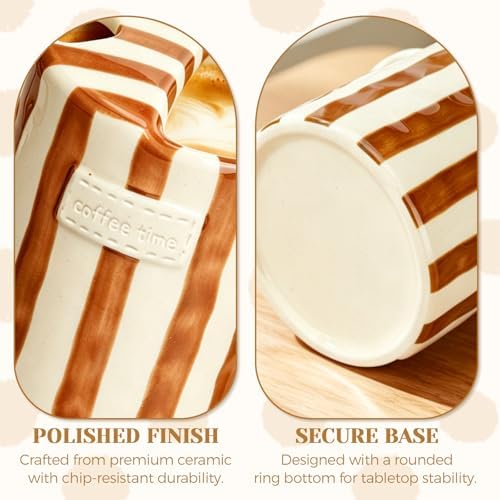 Ceramic Coffee Mug Novelty Ceramic Travel Mug Cute Espresso Cups To Go Anthropologie Latte Cups Aesthetic Brown Pottery Mugs With Sip Hole 10oz Clay Striped Vintage Handmade Coffee Cup for Home - Image 5