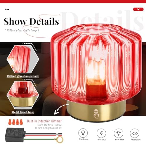 Red Glass Table Light Touch Table lamp Mid Century Modern Table lamp Gold Desk lamp nightstand lamp Vintage Table Lamps Small Table Lamp for Bedside end Table Bedroom Living Room Office - Image 4