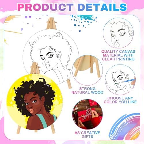 Supervitae 72 Piece Black Girls Round Pre Drawn Canvas Kit 5.9" Paint and Sip Kit for Adults Painting Party Pre Printed Canvas DIY with Pictures Paints Easels Brushes for Party Gifts - Image 3