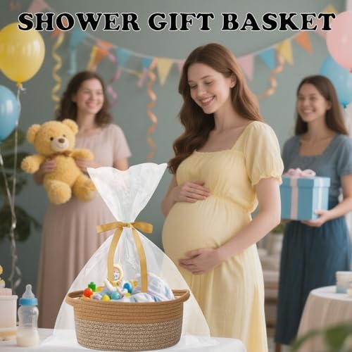 Woven Rope Basket - Baby Gift Basket with Bag & Ribbon, Jute&Brown - Image 5